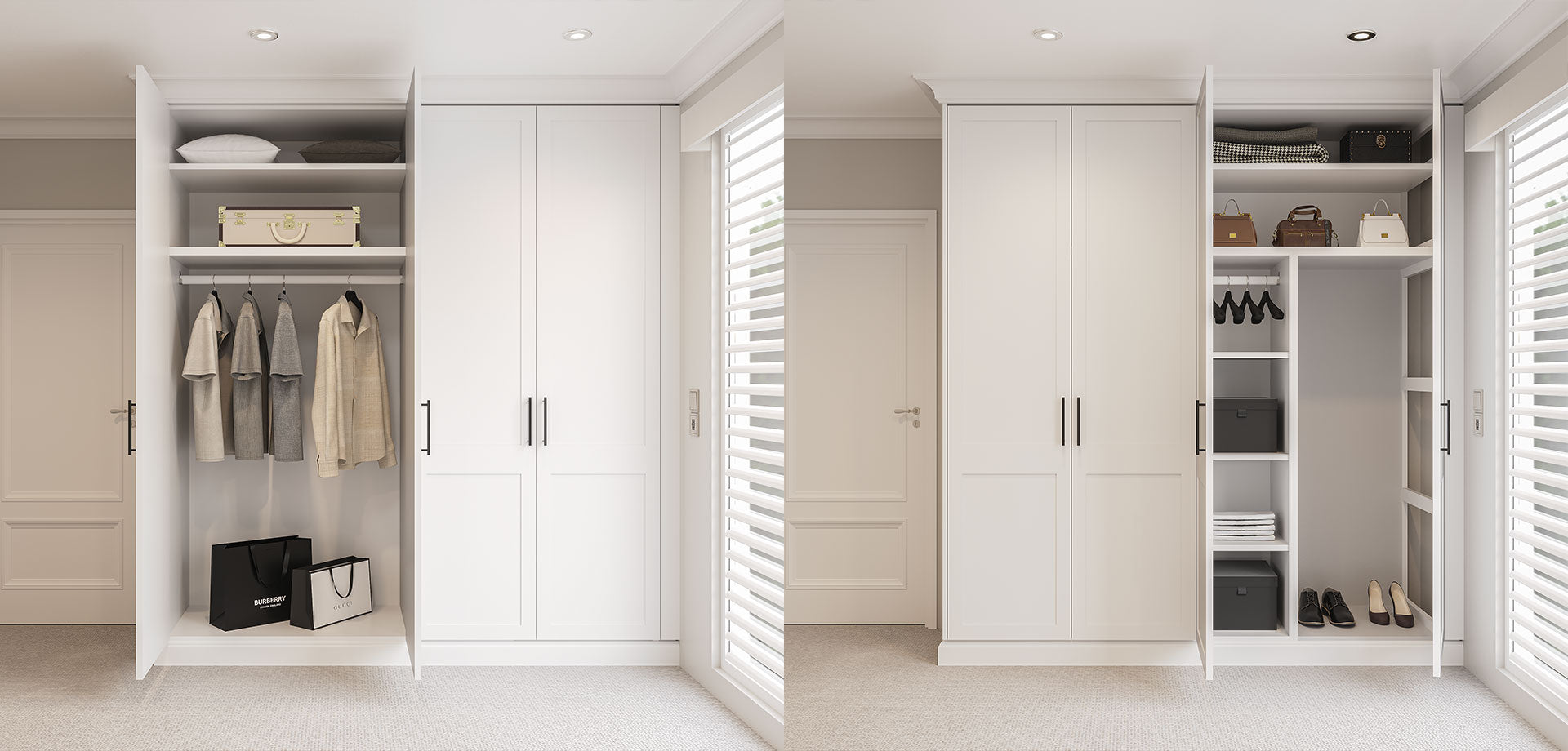 A Traditional Revival Built-In Wardrobe with Shaker Doors