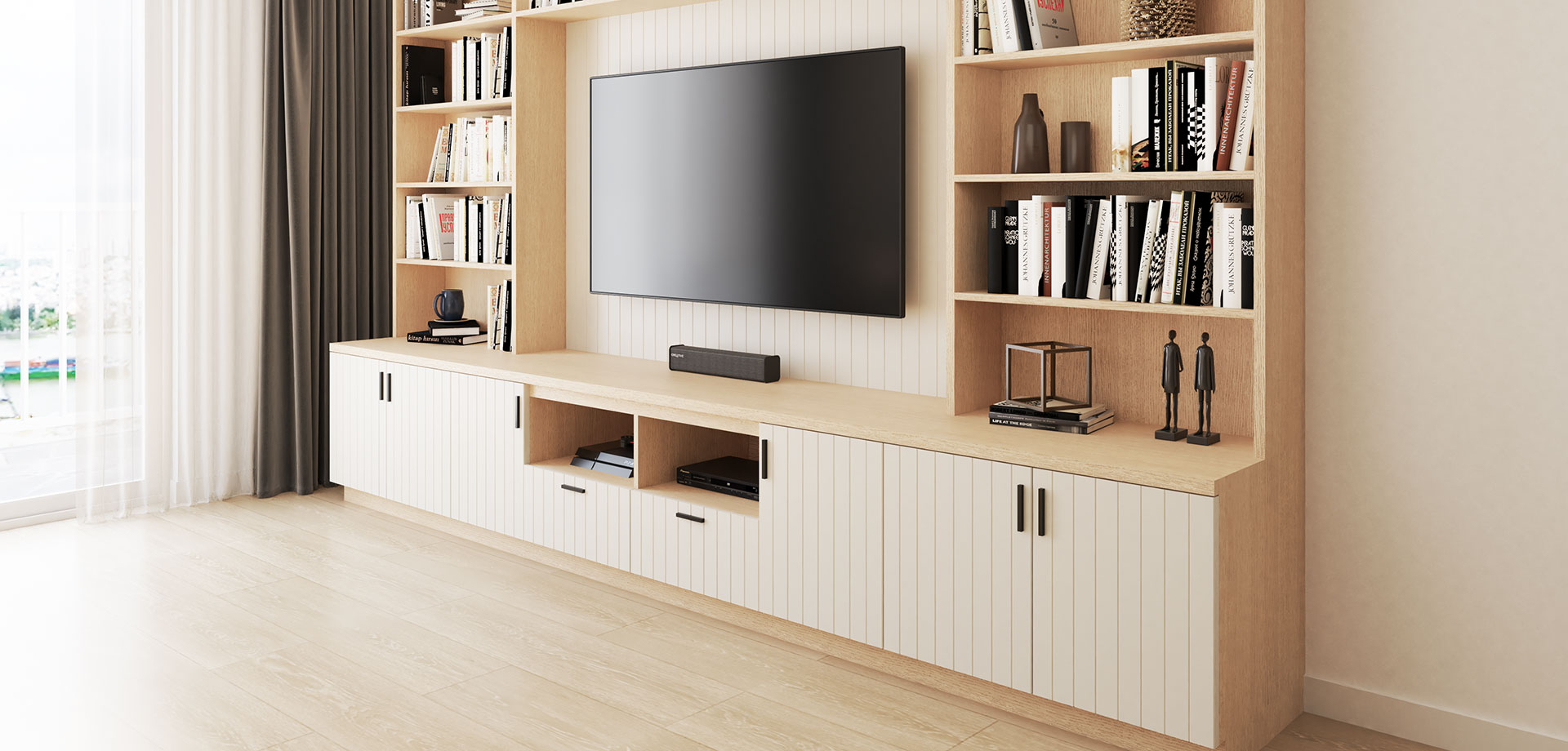 Coastal-Inspired Built-In TV Unit & Bookcase in Whitewashed Oak