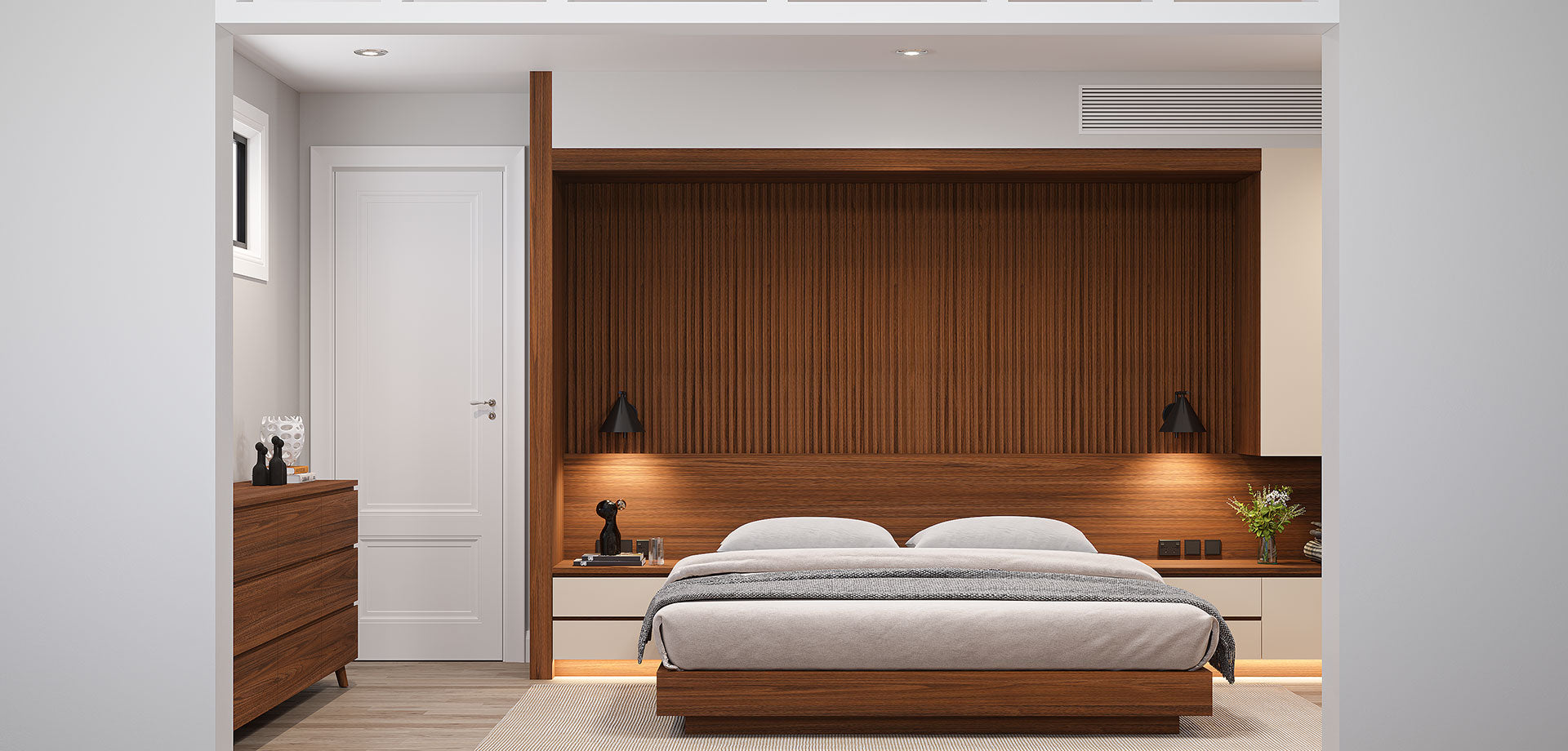 Walnut Bedroom Wall Unit with Built-In King Bed Frame