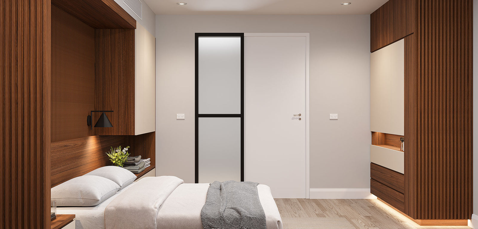 Walnut Bedroom Wall Unit with Built-In King Bed Frame