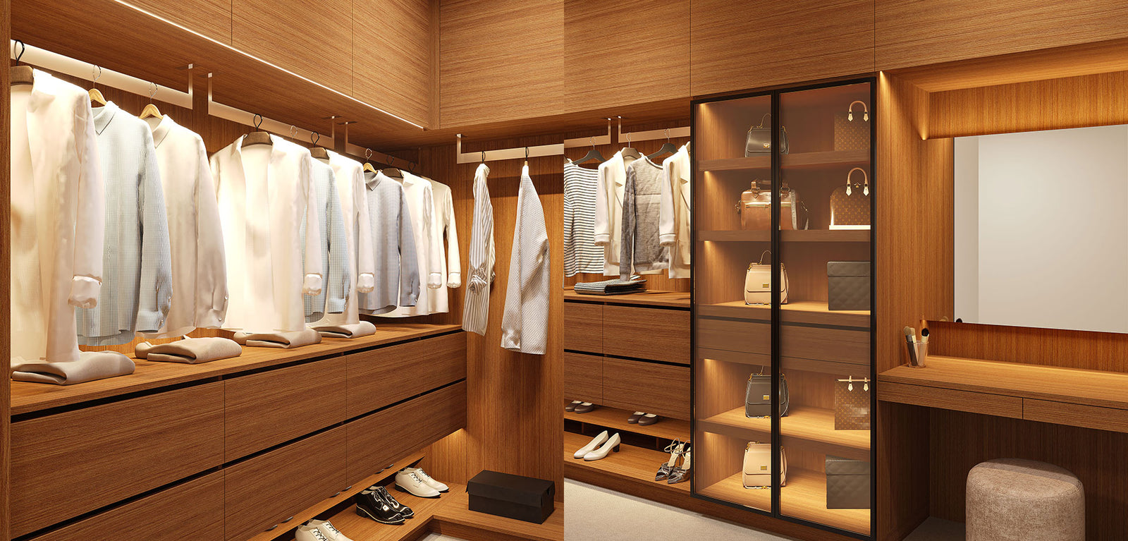 Luxury Walnut Walk-In Robe with Integrated LED Lighting