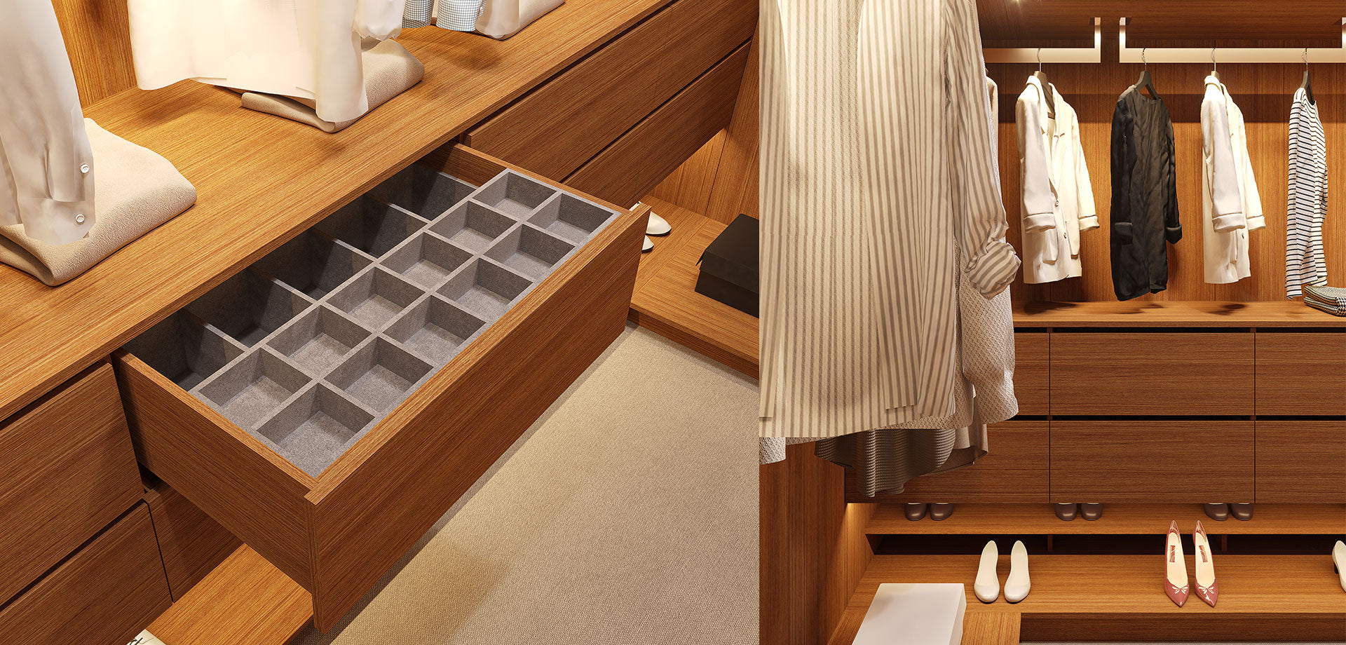 Luxury Walnut Walk-In Robe with Integrated LED Lighting