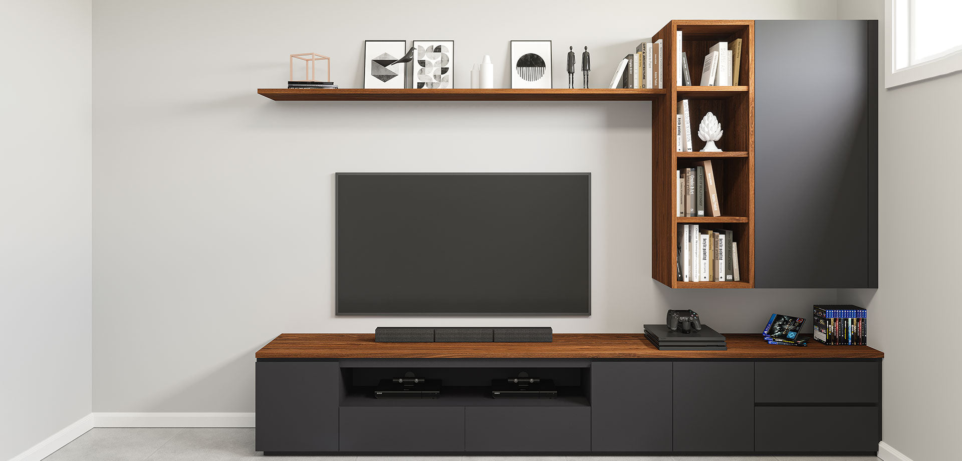 TV Unit Floating Shelves And Bookcase