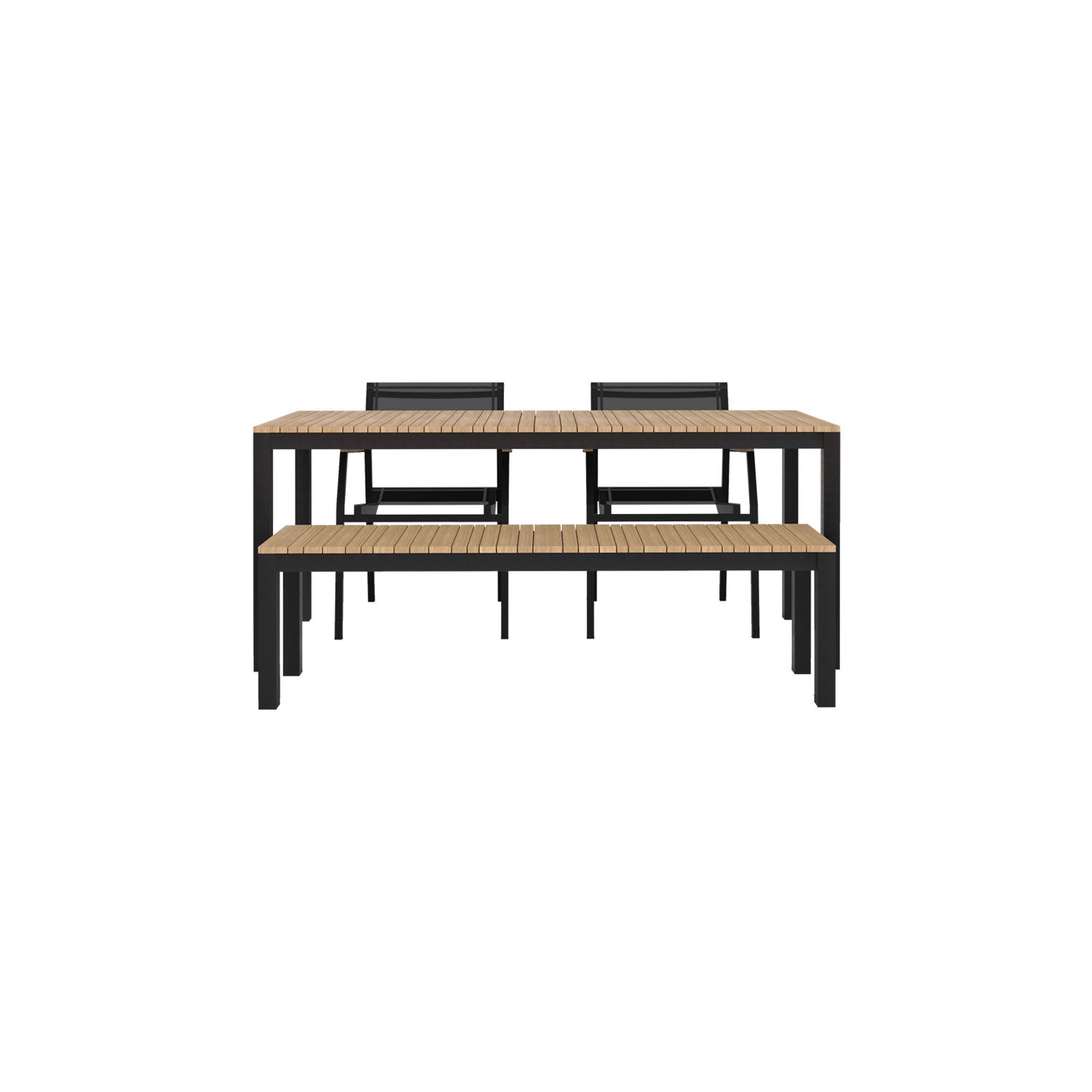 Narrow Width Tandem Alu Table, Bench and Salma Chair Dining Set - Black - Tandem 180x70 + Backless Bench + 2 Salma Sail Alu