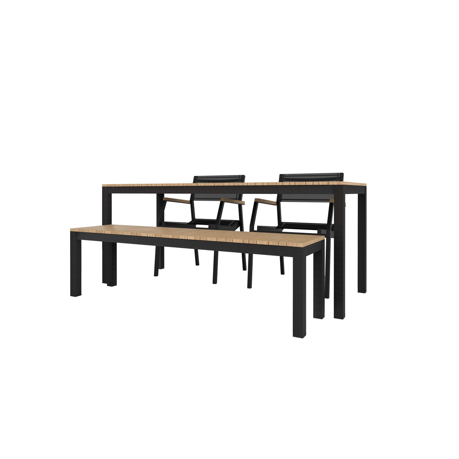 Narrow Width Tandem Alu Table, Bench and Salma Chair Dining Set - Black - Tandem 180x70 + Backless Bench + 2 Salma Sail Alu