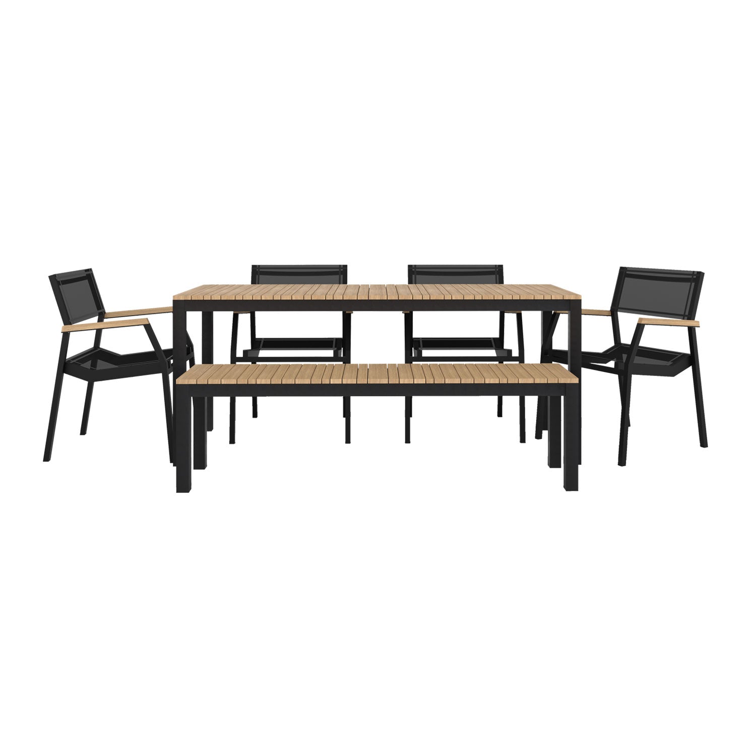 Narrow Width Tandem Alu Table, Bench and Salma Chair Dining Set - Black - Tandem 180x70 + Backless Bench + 4 Salma Sail Alu