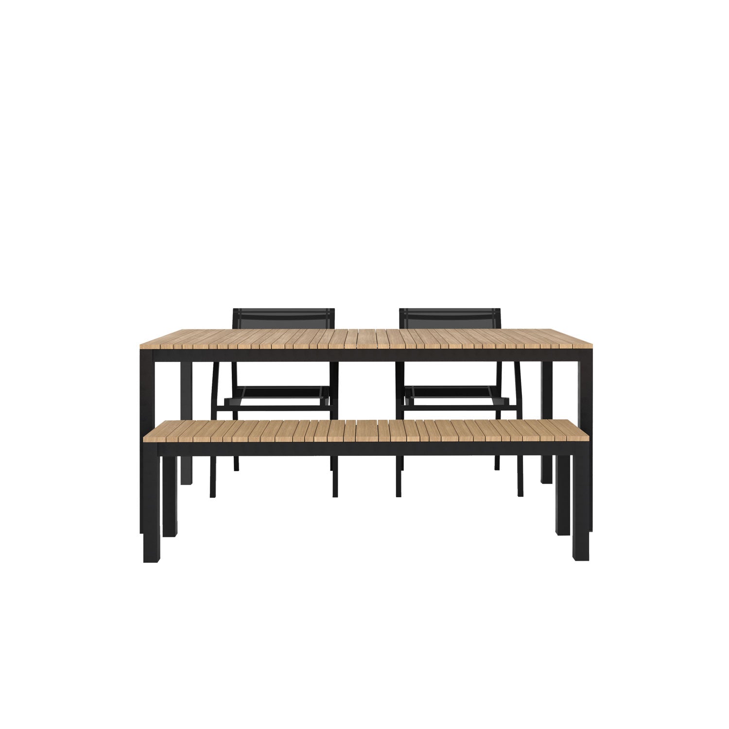 Tandem Alu Table, Bench and Salma Chair Dining Set - Black - Tandem 180x90 + Backless Bench + 2 Salma Sail Alu
