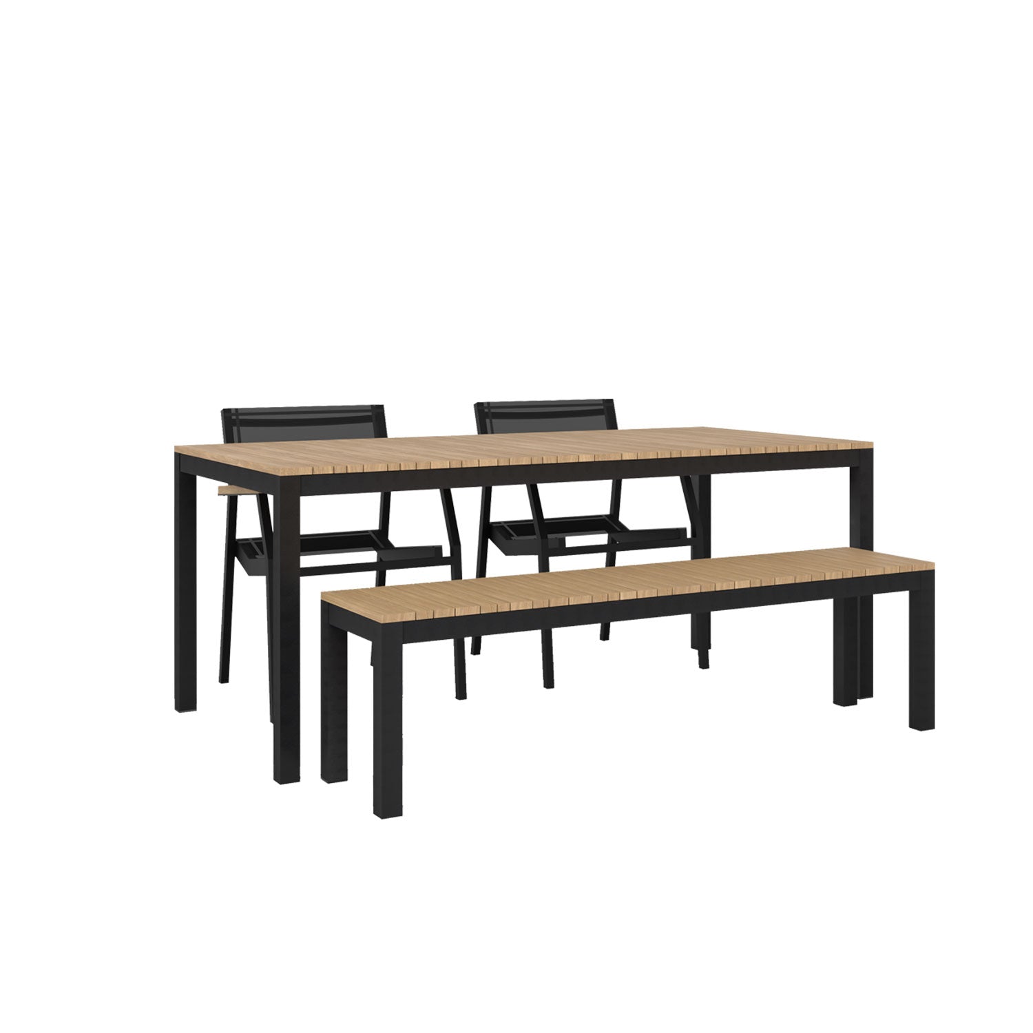 Tandem Alu Table, Bench and Salma Chair Dining Set - Black - Tandem 180x90 + Backless Bench + 2 Salma Sail Alu