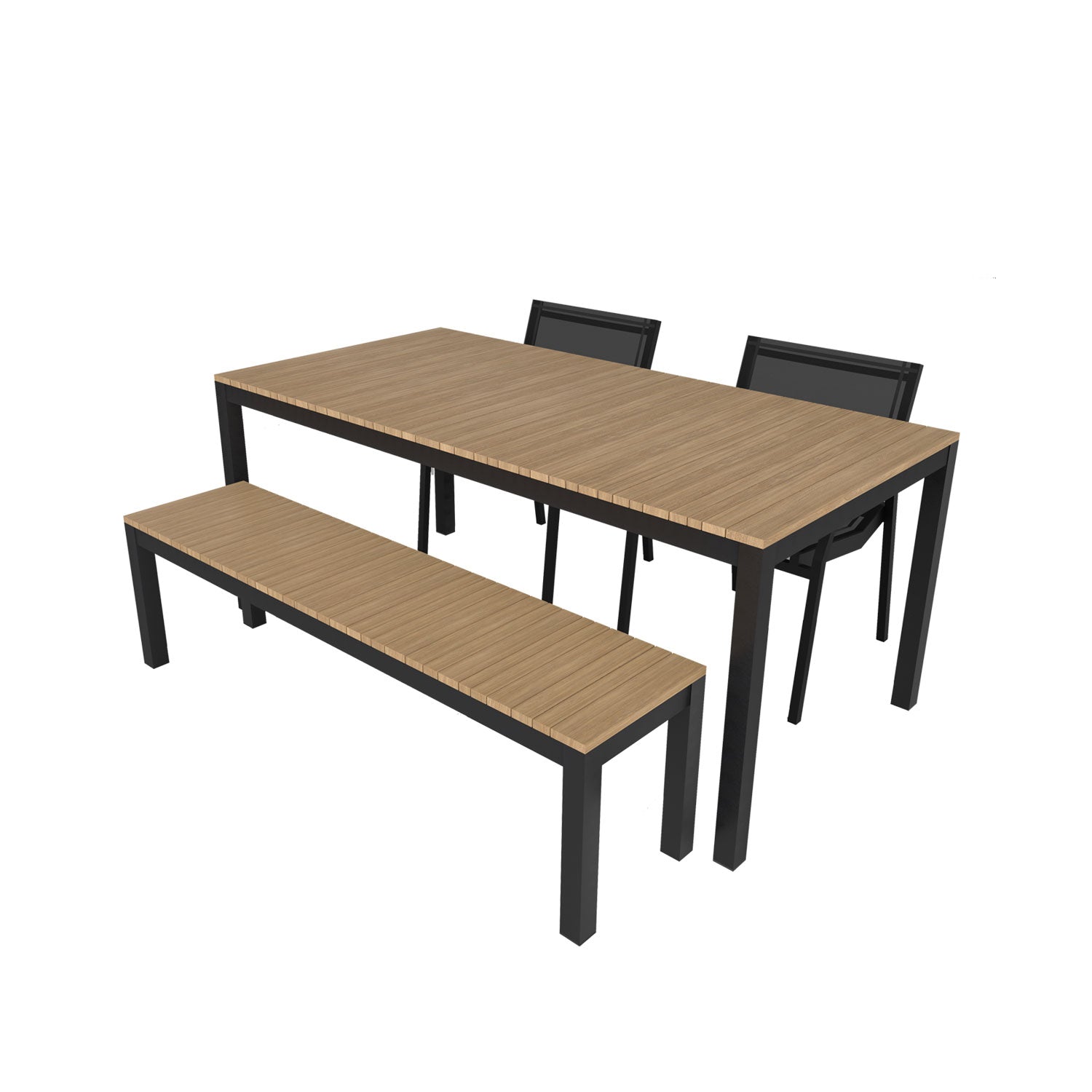 Tandem Alu Table, Bench and Salma Chair Dining Set - Black - Tandem 180x90 + Backless Bench + 2 Salma Sail Alu