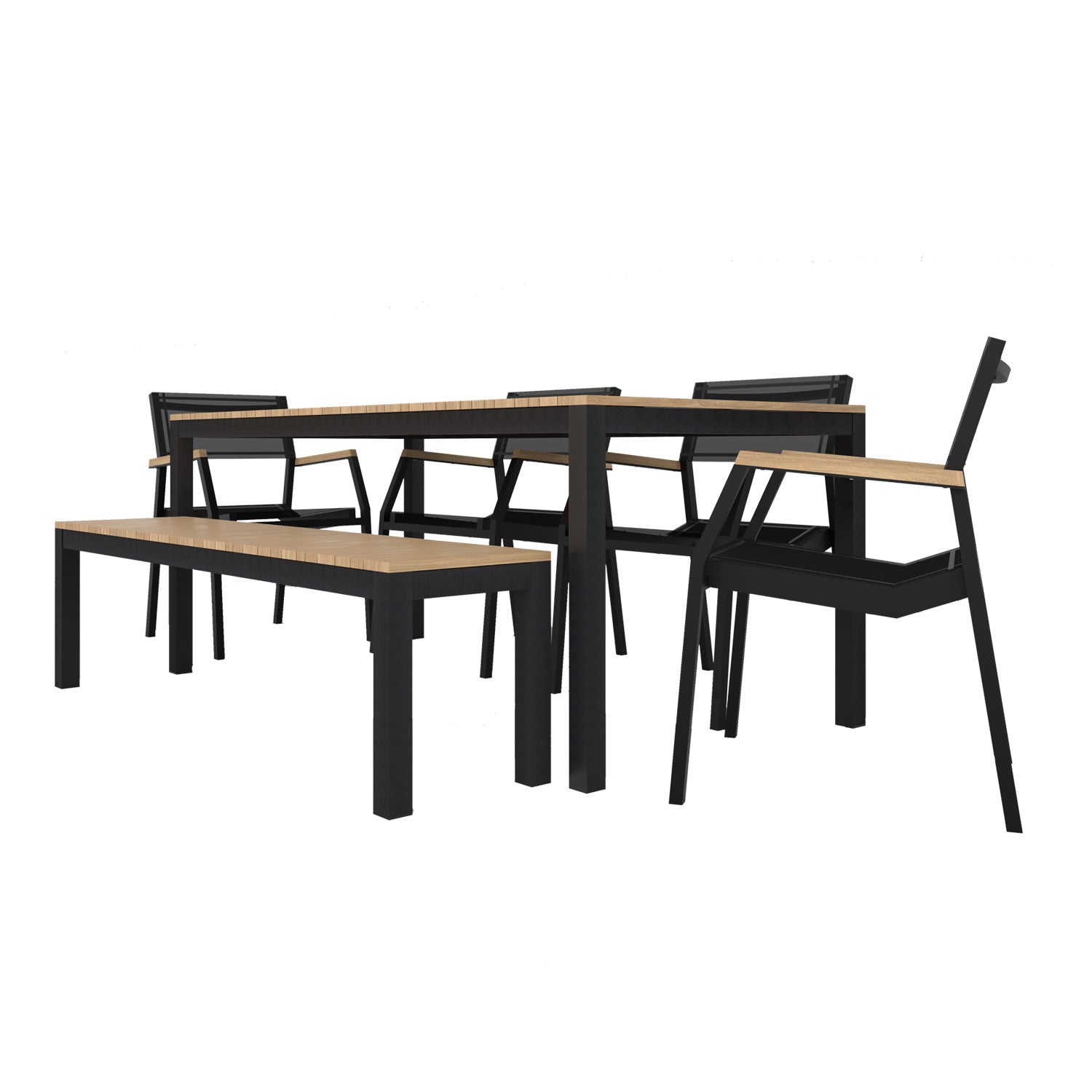 Tandem Alu Table, Bench and Salma Chair Dining Set - Black - Tandem 180x90 + Backless Bench + 4 Salma Sail Alu