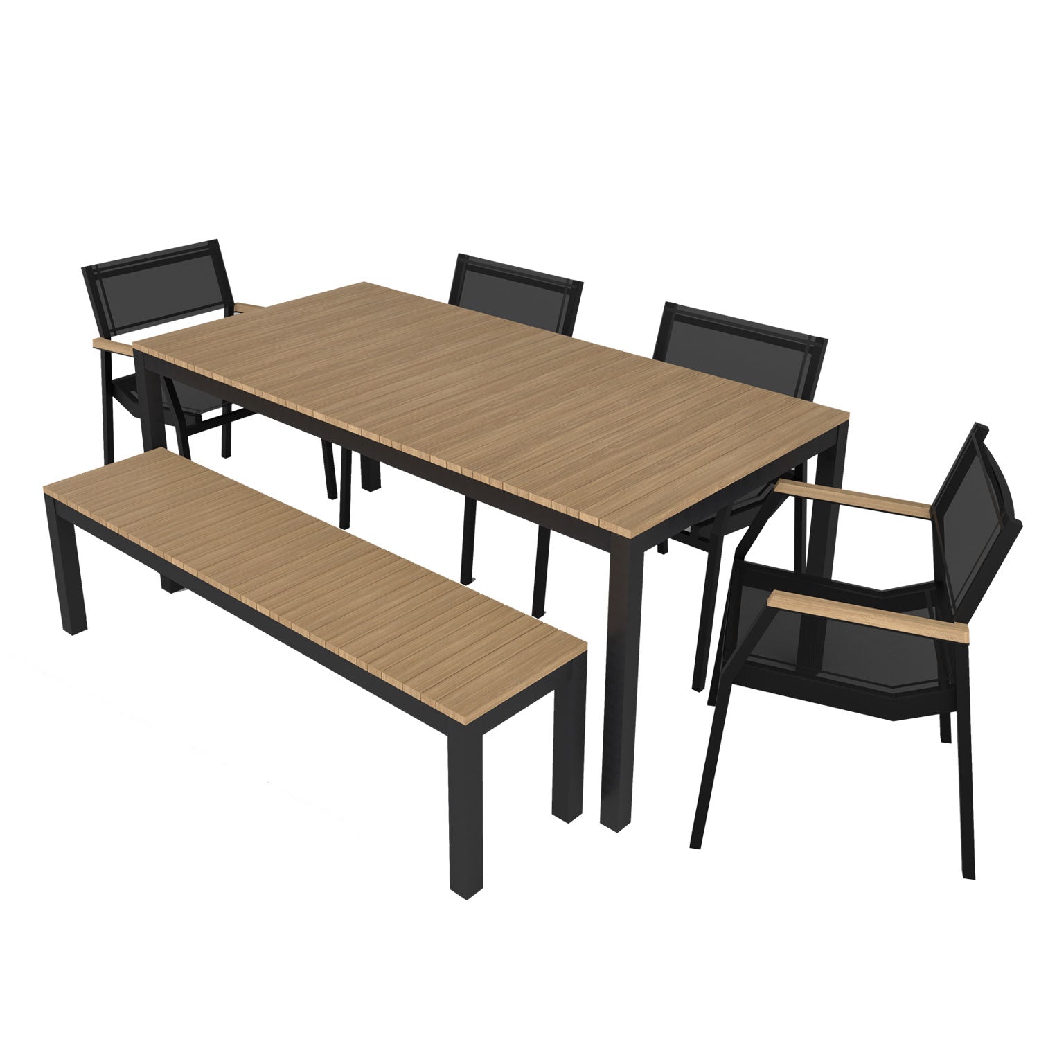 Tandem Alu Table, Bench and Salma Chair Dining Set - Black - Tandem 180x90 + Backless Bench + 4 Salma Sail Alu