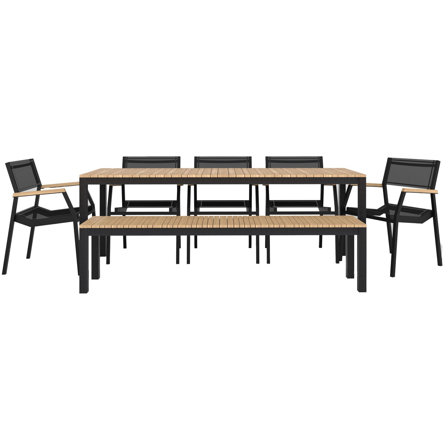 Narrow Width Tandem Alu Table, Bench and Salma Chair Dining Set - Black - Tandem 210x70 + Backless Bench + 5 Salma Sail Alu