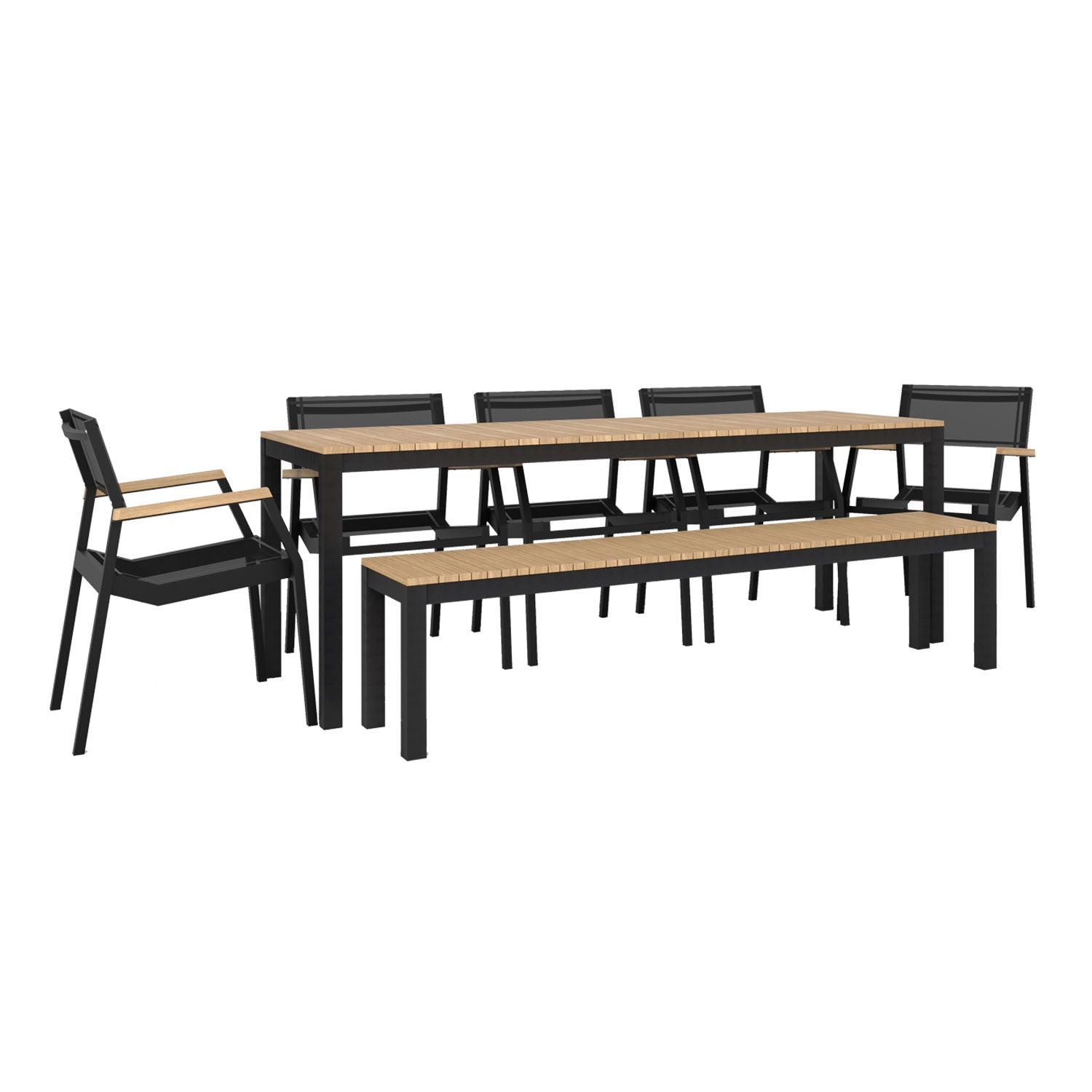 Narrow Width Tandem Alu Table, Bench and Salma Chair Dining Set - Black - Tandem 210x70 + Backless Bench + 5 Salma Sail Alu