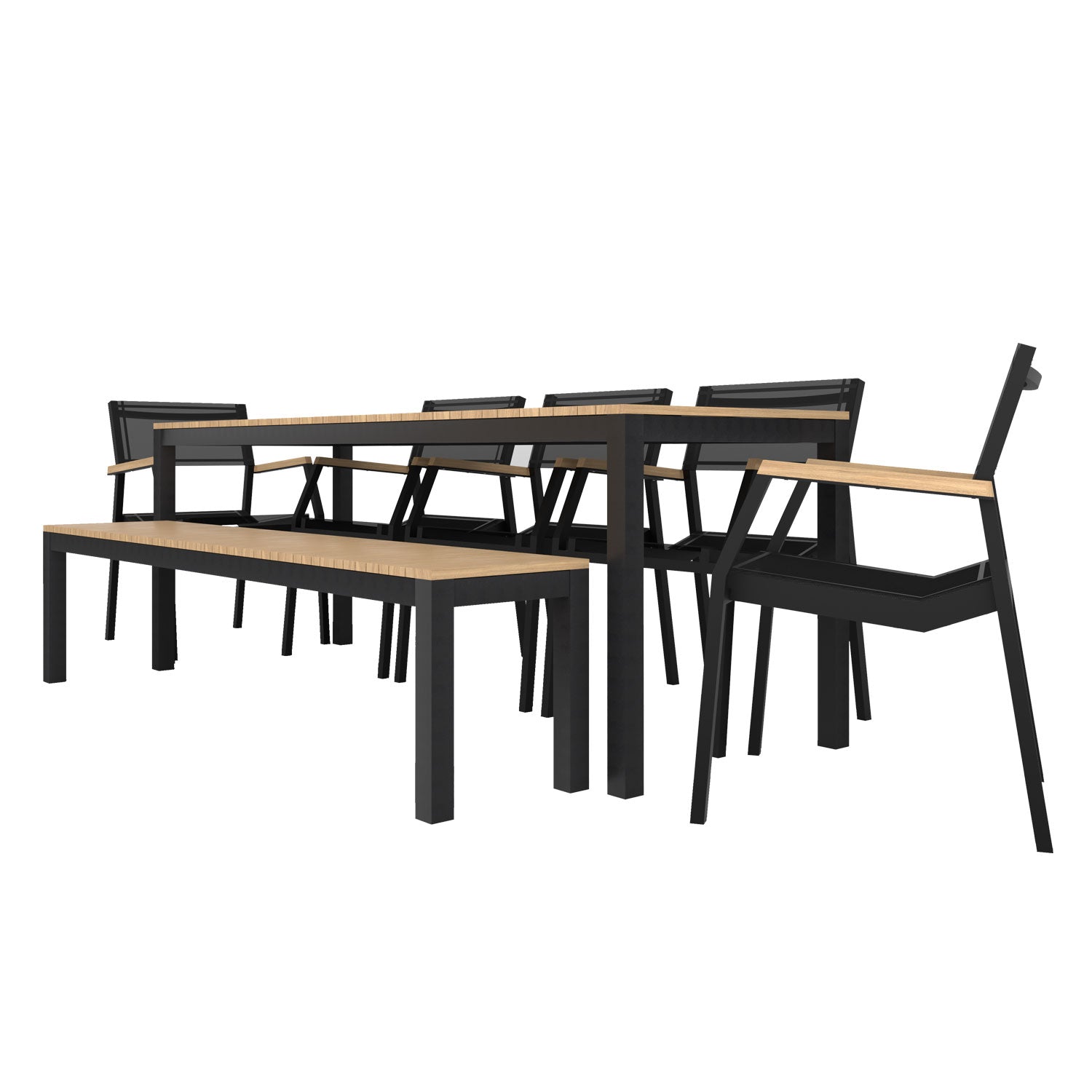 Narrow Width Tandem Alu Table, Bench and Salma Chair Dining Set - Black - Tandem 210x70 + Backless Bench + 5 Salma Sail Alu