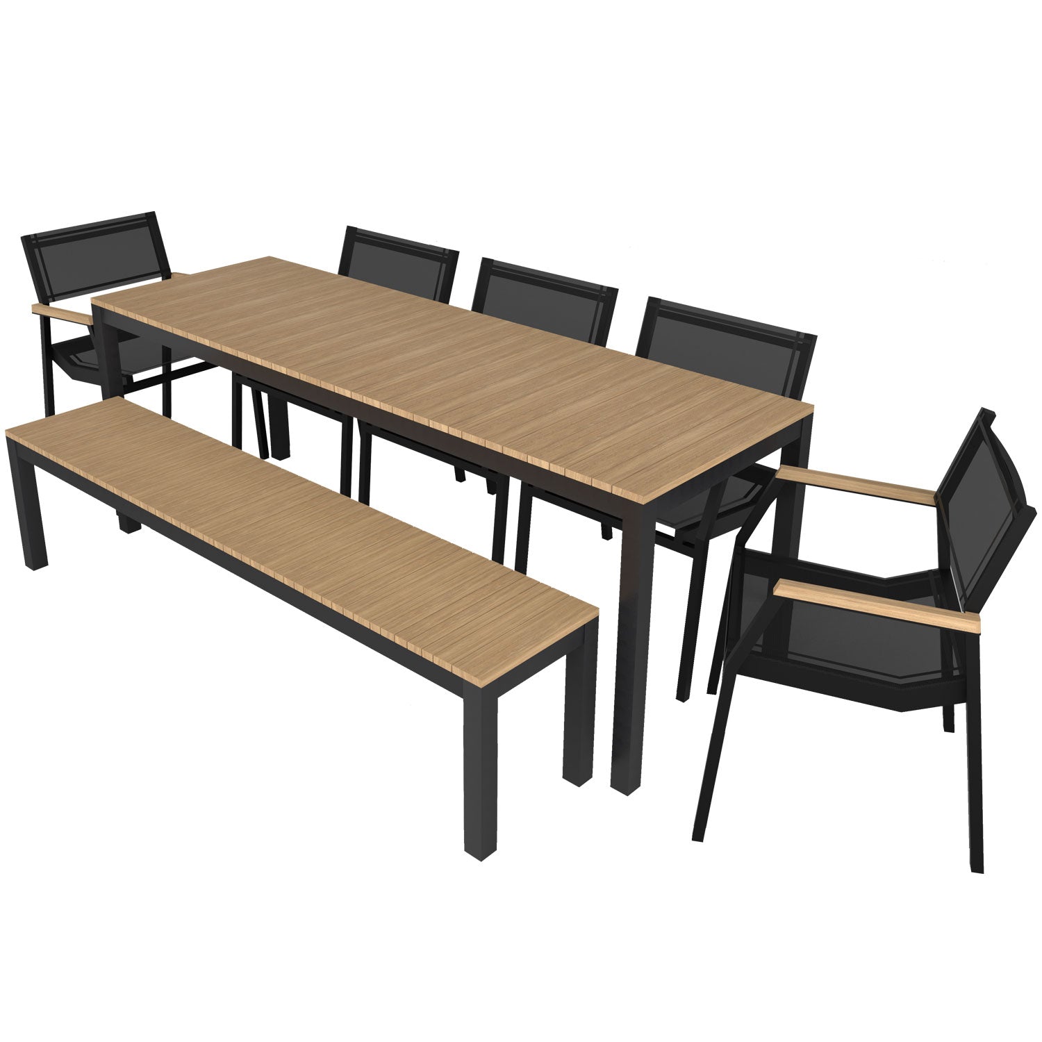 Narrow Width Tandem Alu Table, Bench and Salma Chair Dining Set - Black - Tandem 210x70 + Backless Bench + 5 Salma Sail Alu