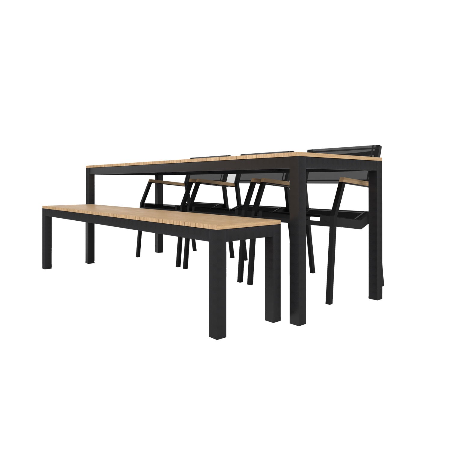 Narrow Width Tandem Alu Table, Bench and Salma Chair Dining Set - Black - Tandem 210x70 + Backless Bench + 3 Salma Sail Alu