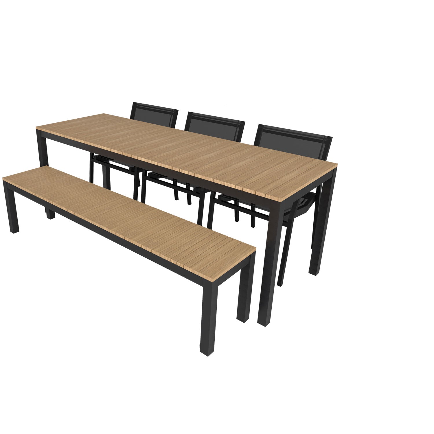 Narrow Width Tandem Alu Table, Bench and Salma Chair Dining Set - Black - Tandem 210x70 + Backless Bench + 3 Salma Sail Alu
